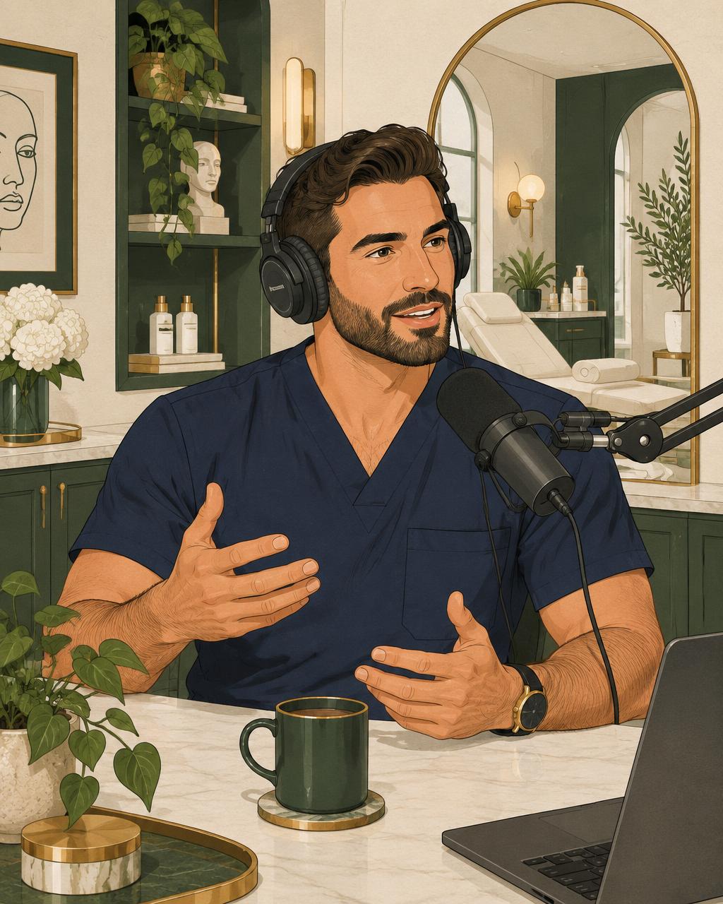 Cartoon aesthetic doctor speaking into a podcast microphone