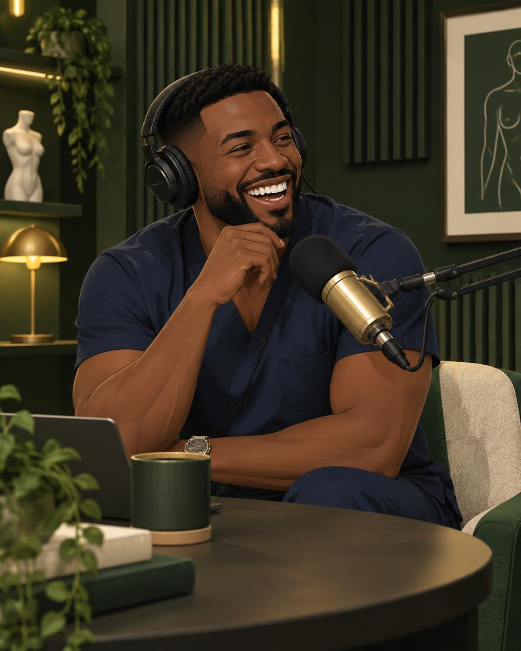 Cartoon plastic surgeon laughing while recording a podcast
