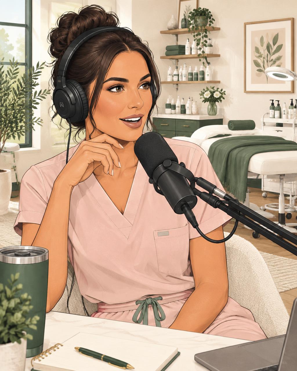 Cartoon med spa injector recording a podcast