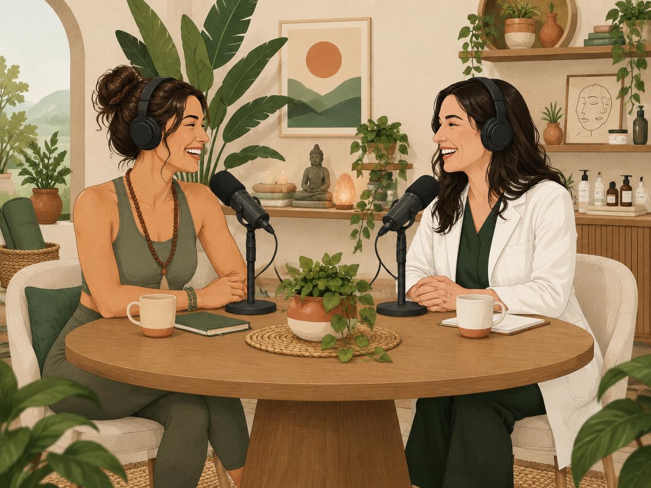 Cartoon wellness coach and dermatologist recording a podcast together